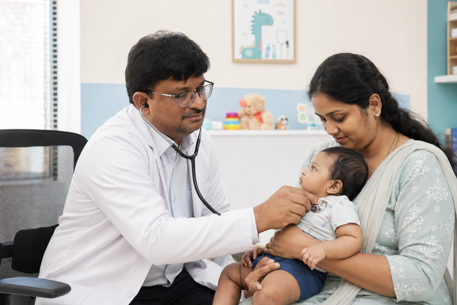 Dr. P. Vishnu Vardhan Reddy examining a baby with the mother present